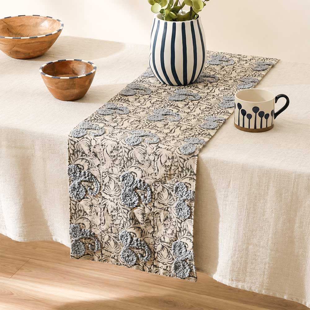 Paisley Embroidered & Printed Table Runner - Blue Black