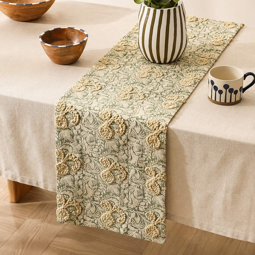 Paisley Embroidered & Printed Table Runner - Yellow Green