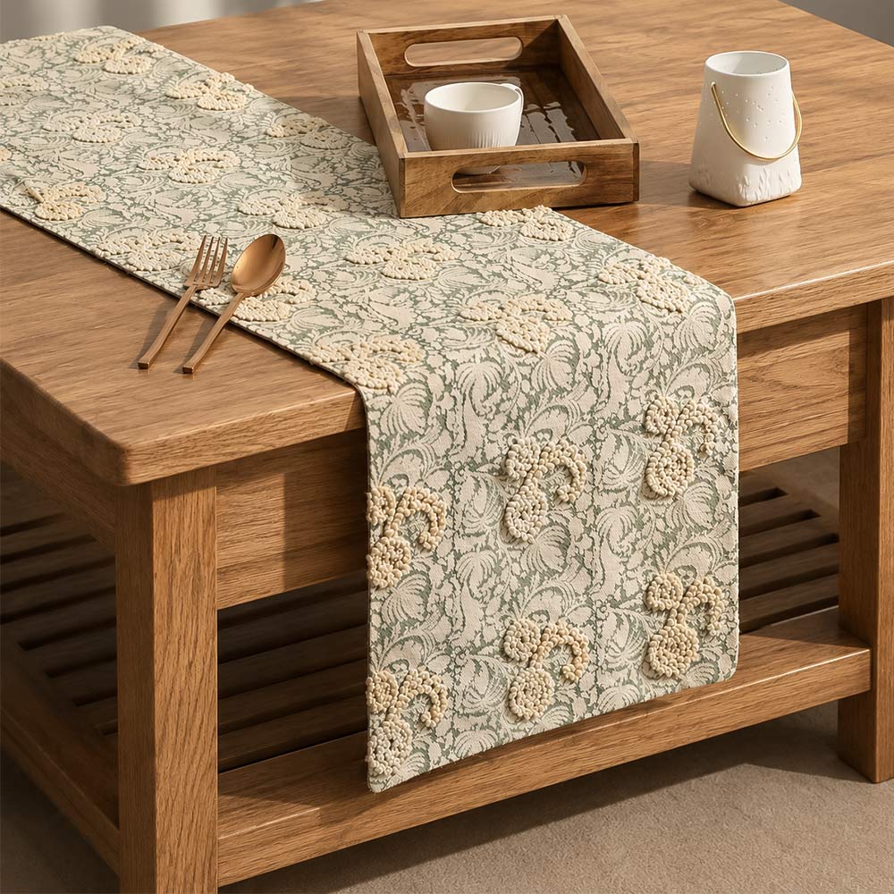 Paisley Embroidered & Printed Table Runner - Yellow Green