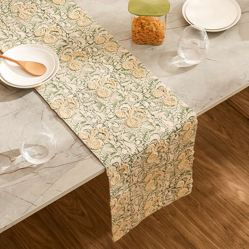 Paisley Embroidered & Printed Table Runner - Yellow Green