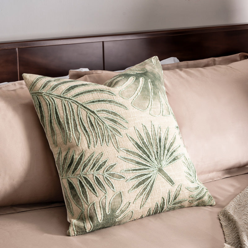 Palm Embroidered Cushion Cover - Green Beige