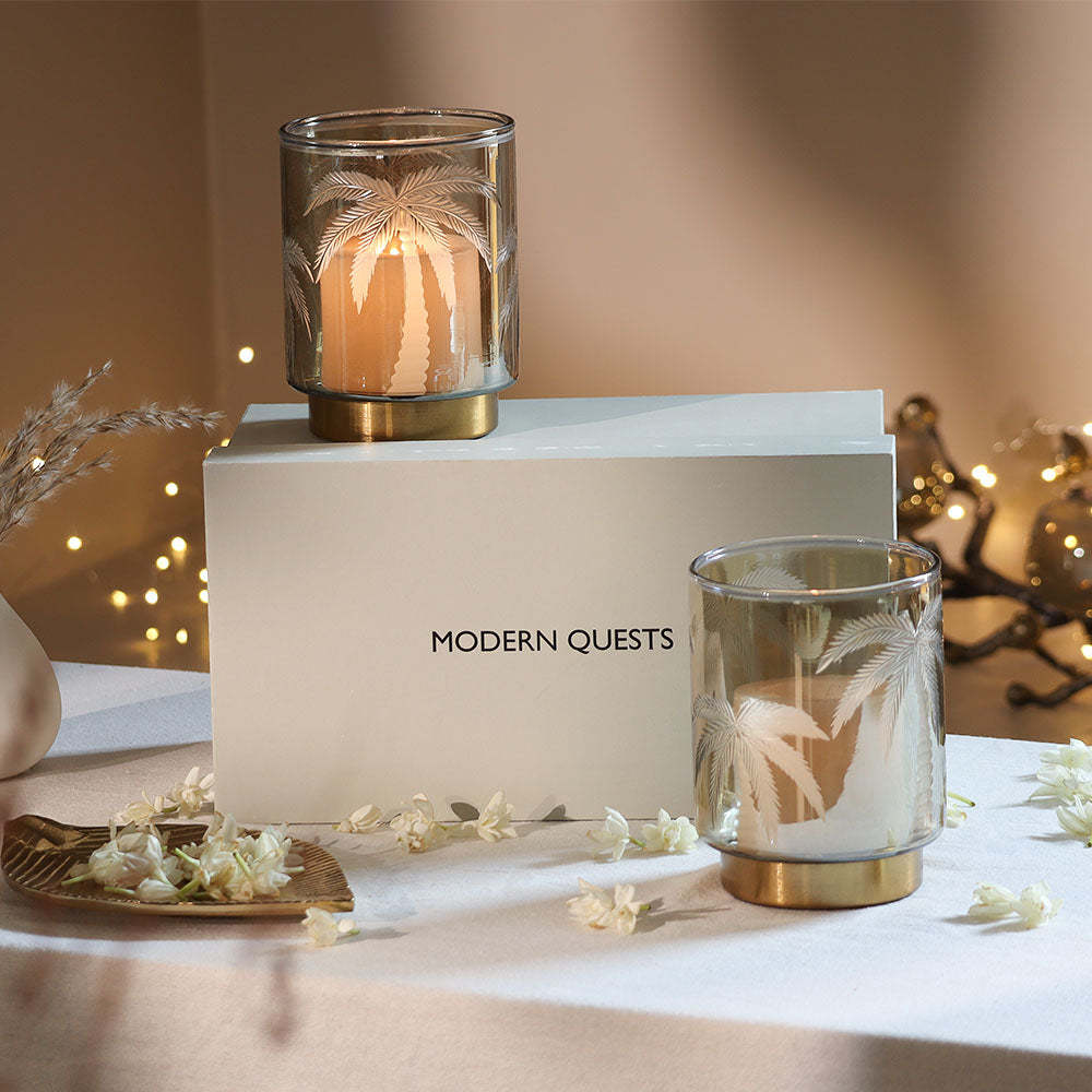 Palm Glass Hurricane 2-Piece Gift Set - Smoke