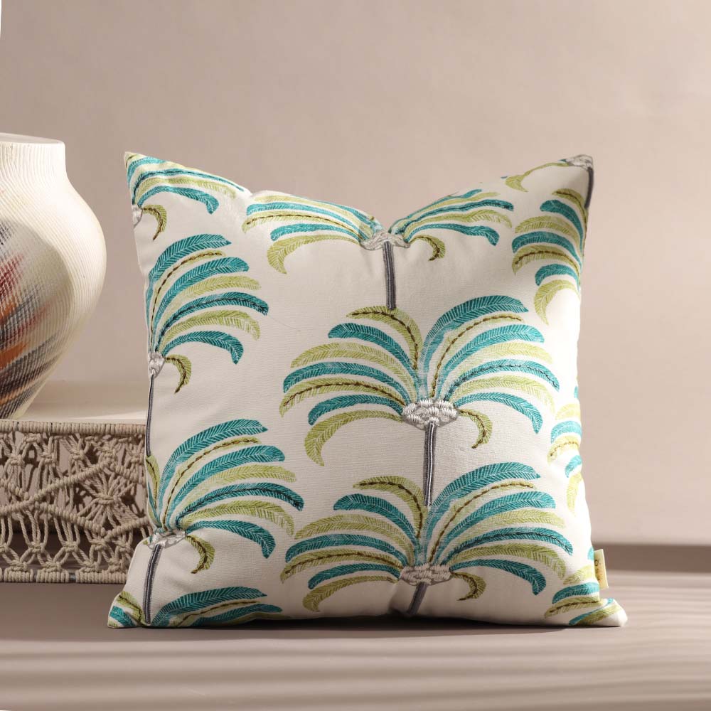 Palmette Printed & Embroidered Cotton Cushion Cover 45x45cm - Blue Green