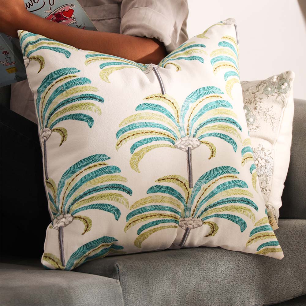 Palmette Printed & Embroidered Cotton Cushion Cover 45x45cm - Blue Green