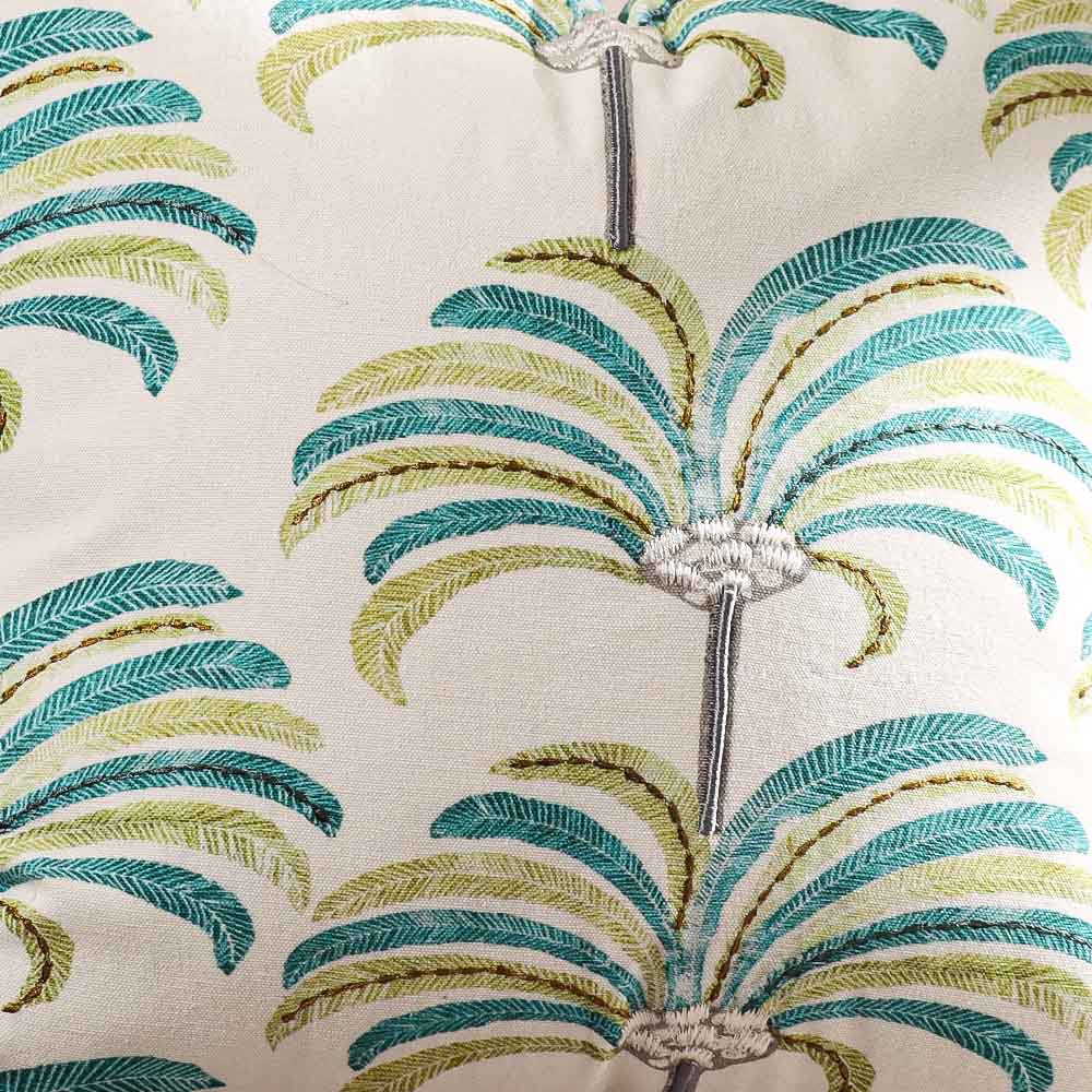 Palmette Printed & Embroidered Cotton Cushion Cover 45x45cm - Blue Green