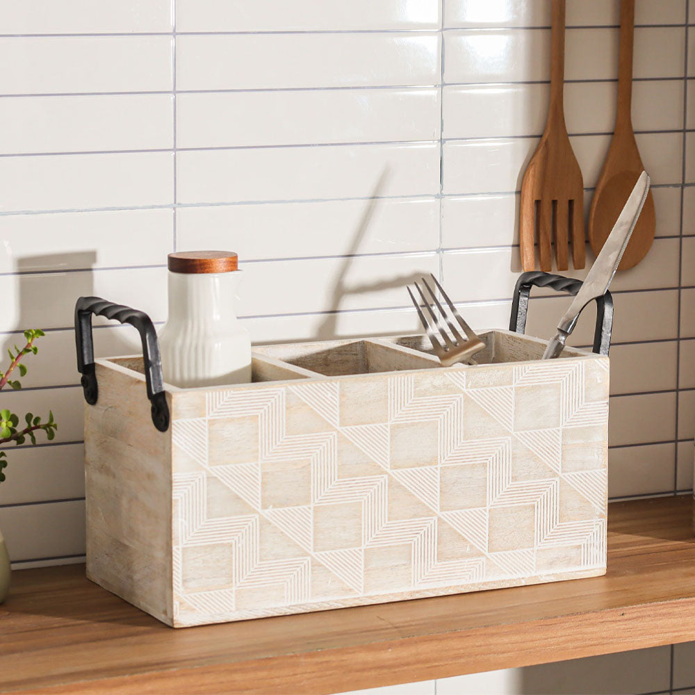 Patterned Rectangular Sectioned Caddy - Aspen White