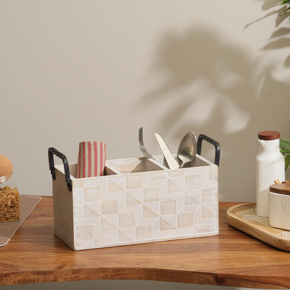 Patterned Rectangular Sectioned Caddy - Aspen White