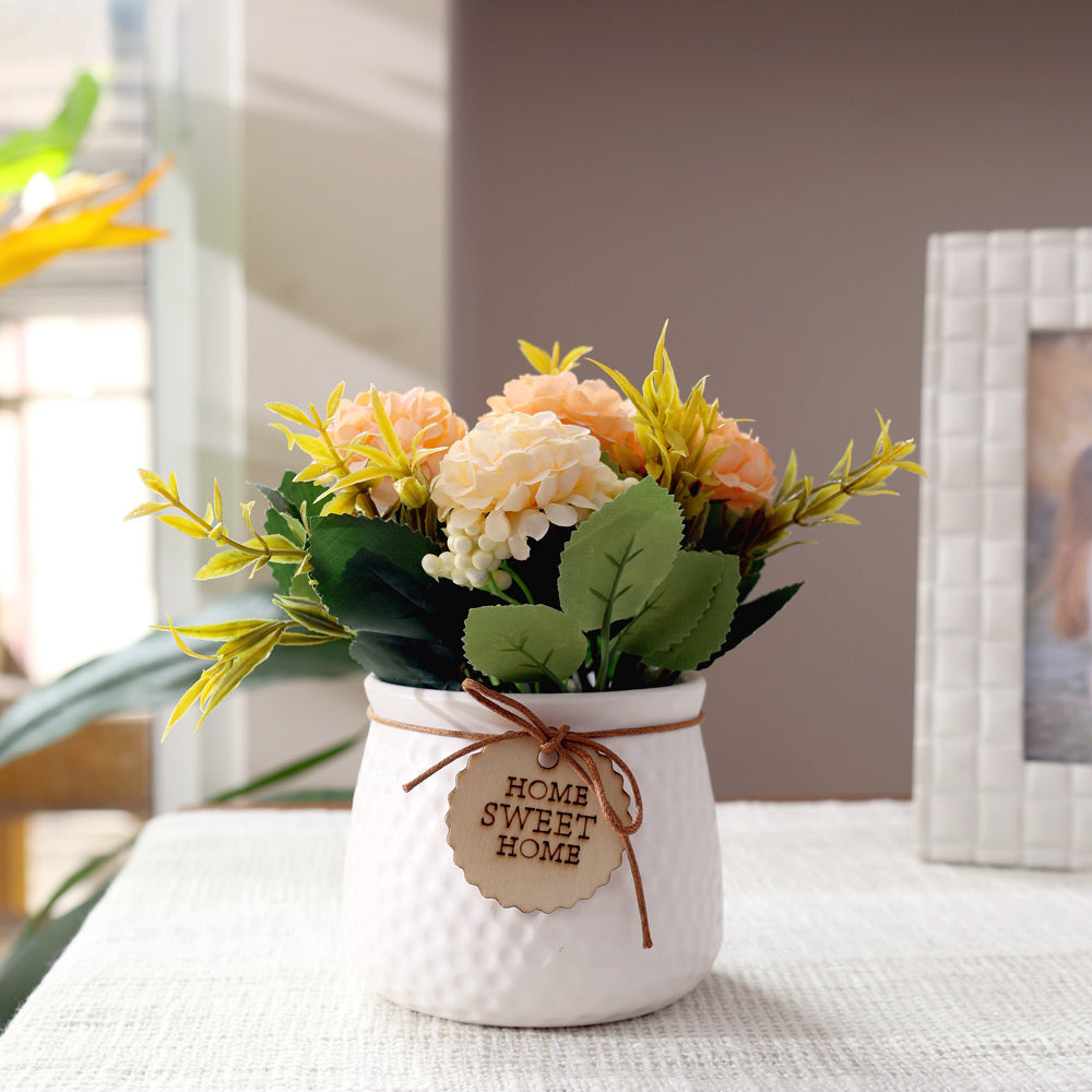 Pebbled Ceramic Planter with Faux Flowers - Peach Hydrangeas