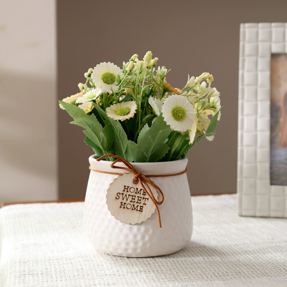 Pebbled Ceramic Planter with Faux Flowers - Sage Daisies