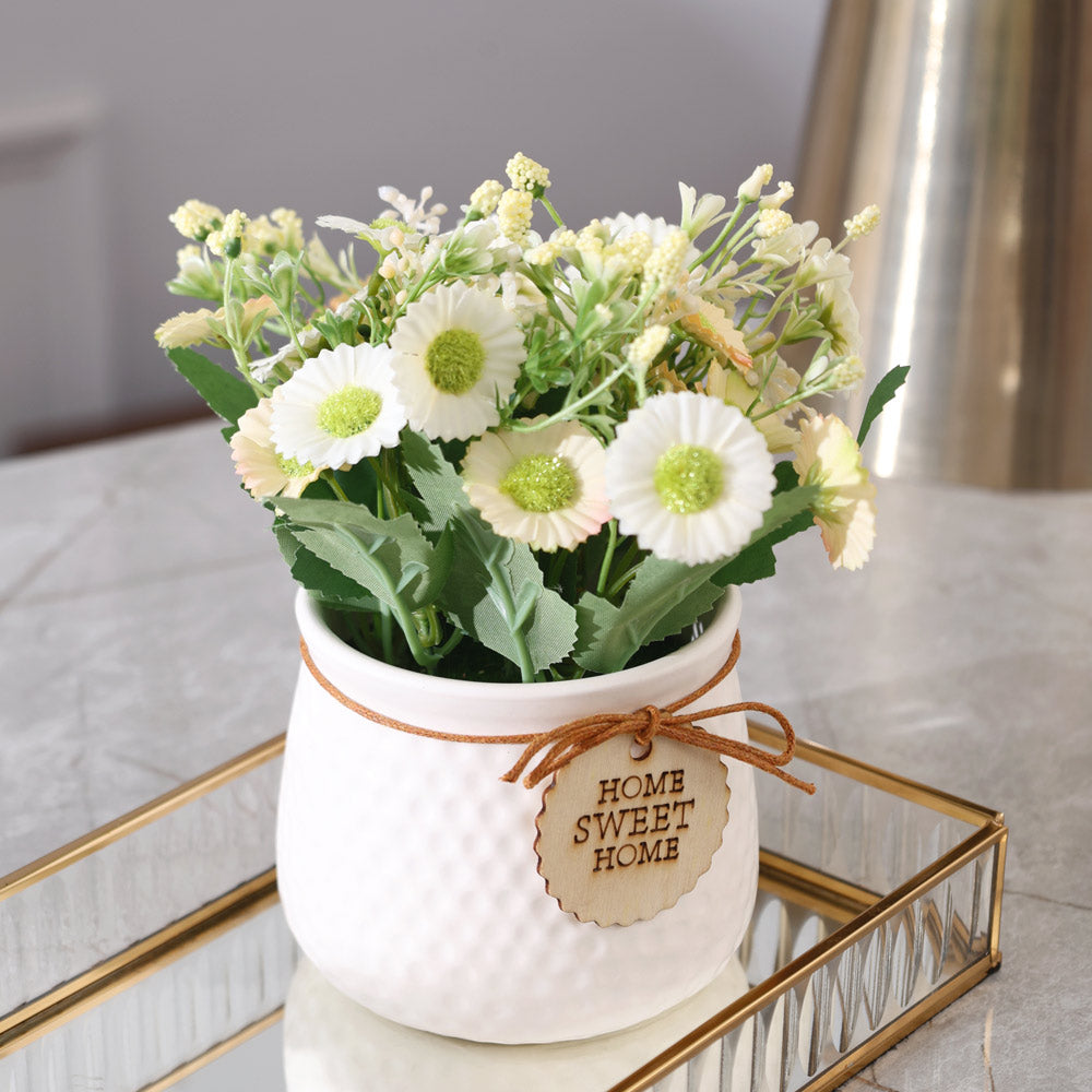 Pebbled Ceramic Planter with Faux Flowers - Sage Daisies