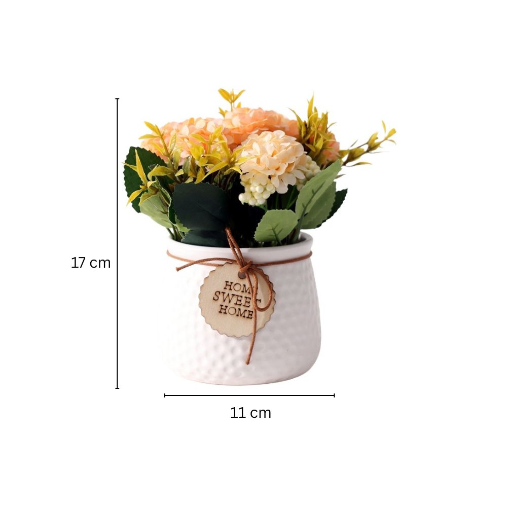 Pebbled Ceramic Planter with Faux Flowers - Peach Hydrangeas