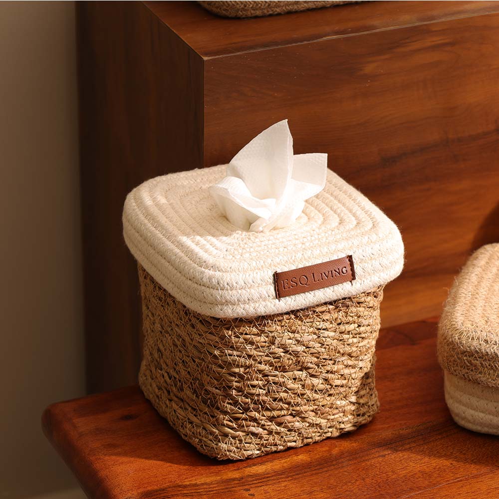 Pela Cotton & Seagrass Square Tissue Box Holder - Natural Cream