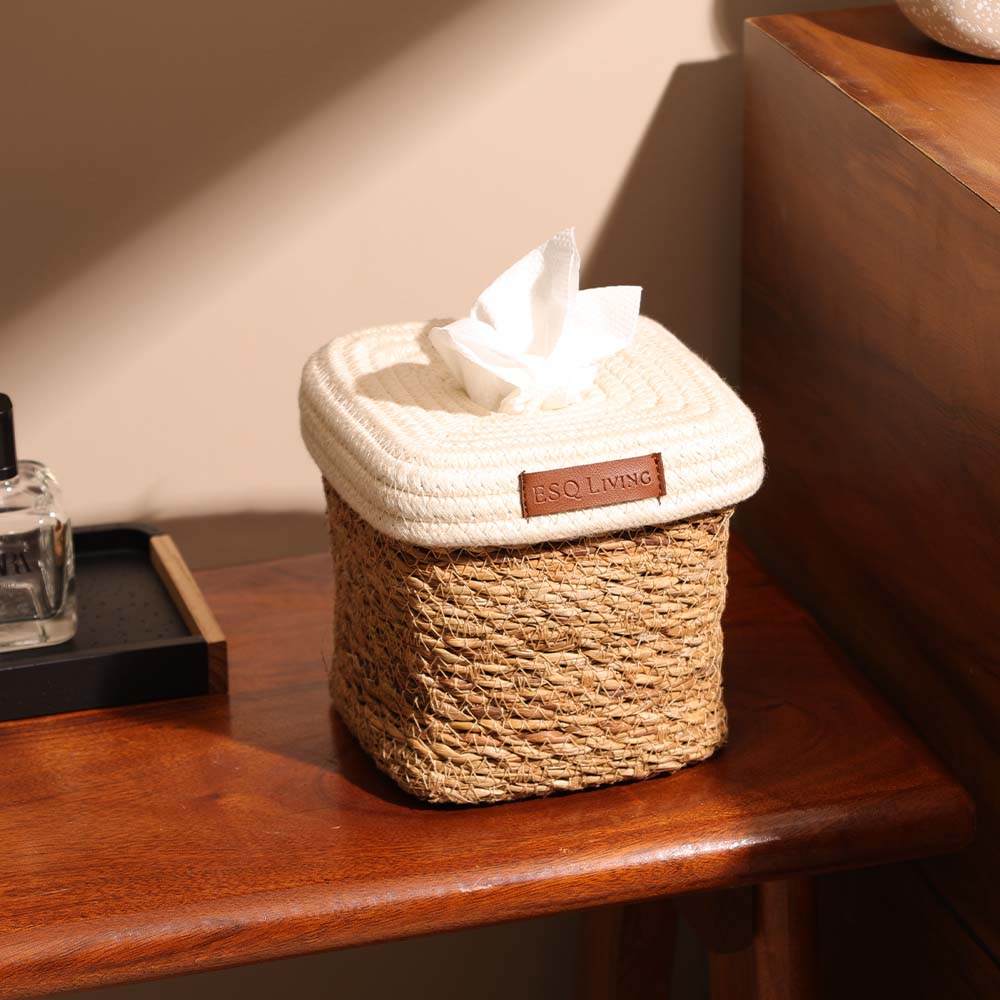Pela Cotton & Seagrass Square Tissue Box Holder - Natural Cream