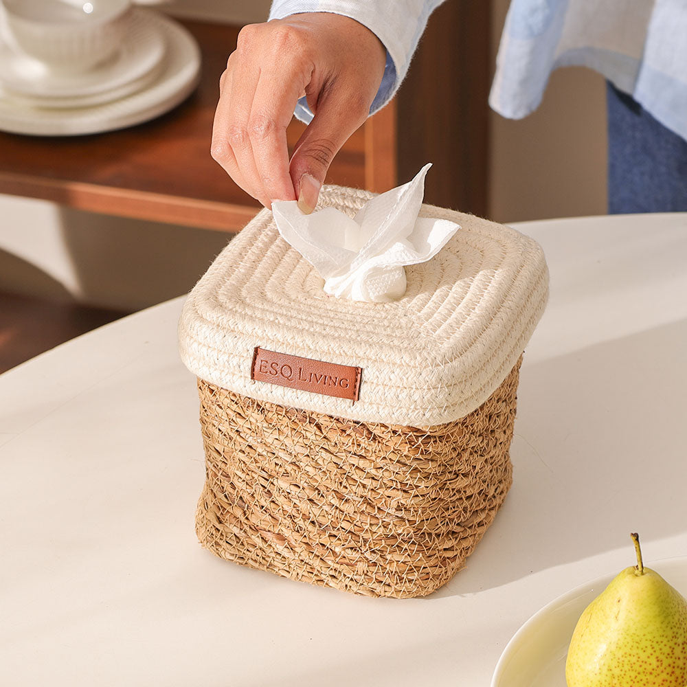 Pela Cotton & Seagrass Square Tissue Box Holder - Natural Cream