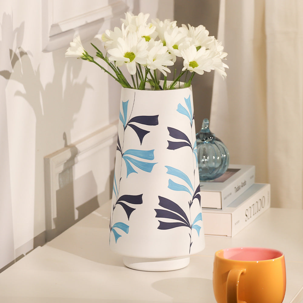 Pennon Handpainted Glass Vase Tall - White Blue