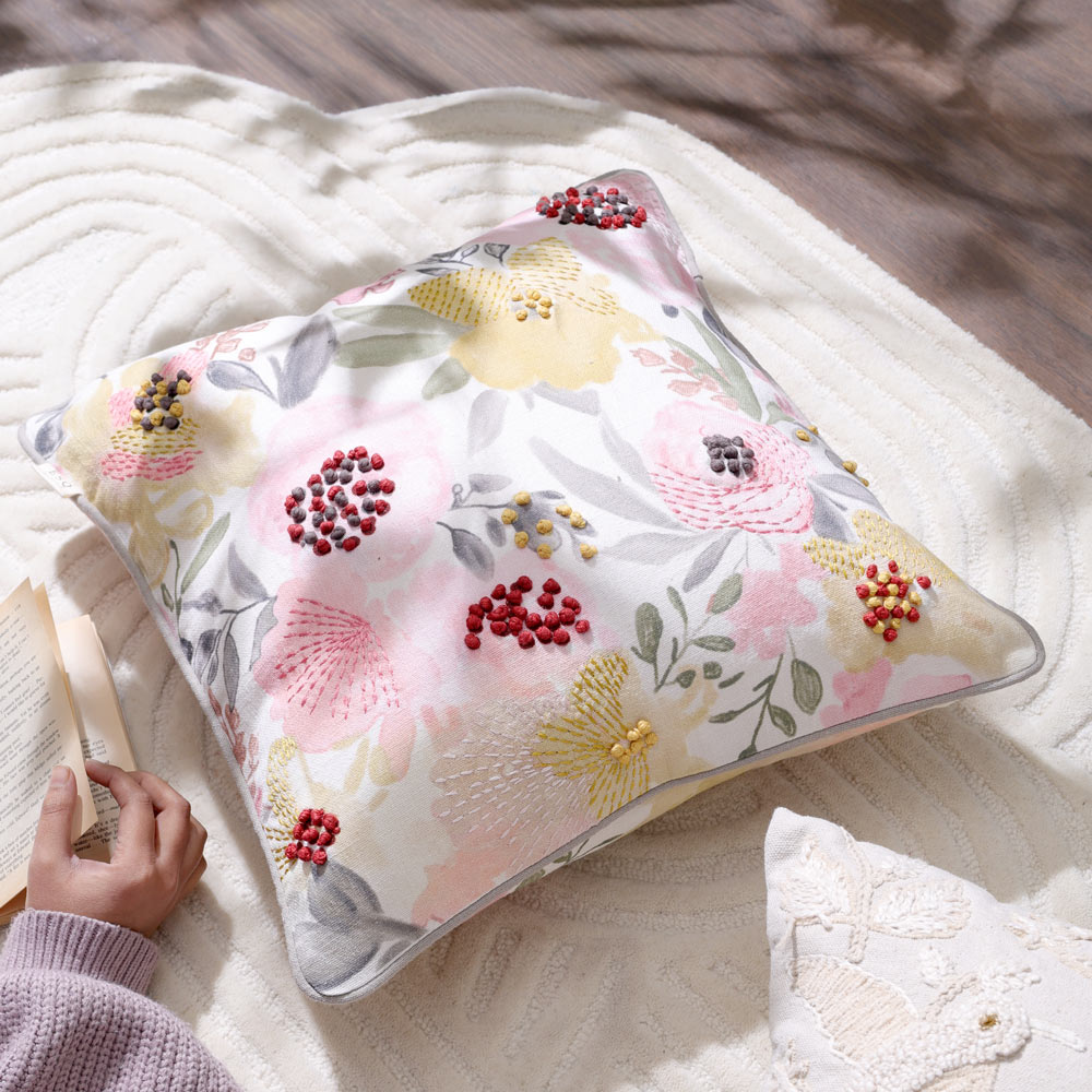 Peonies Reversible Embroidered Cushion Cover 45x45cm - Multicolor