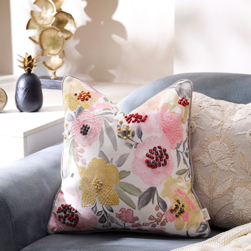 Peonies Reversible Embroidered Cushion Cover 45x45cm - Multicolor