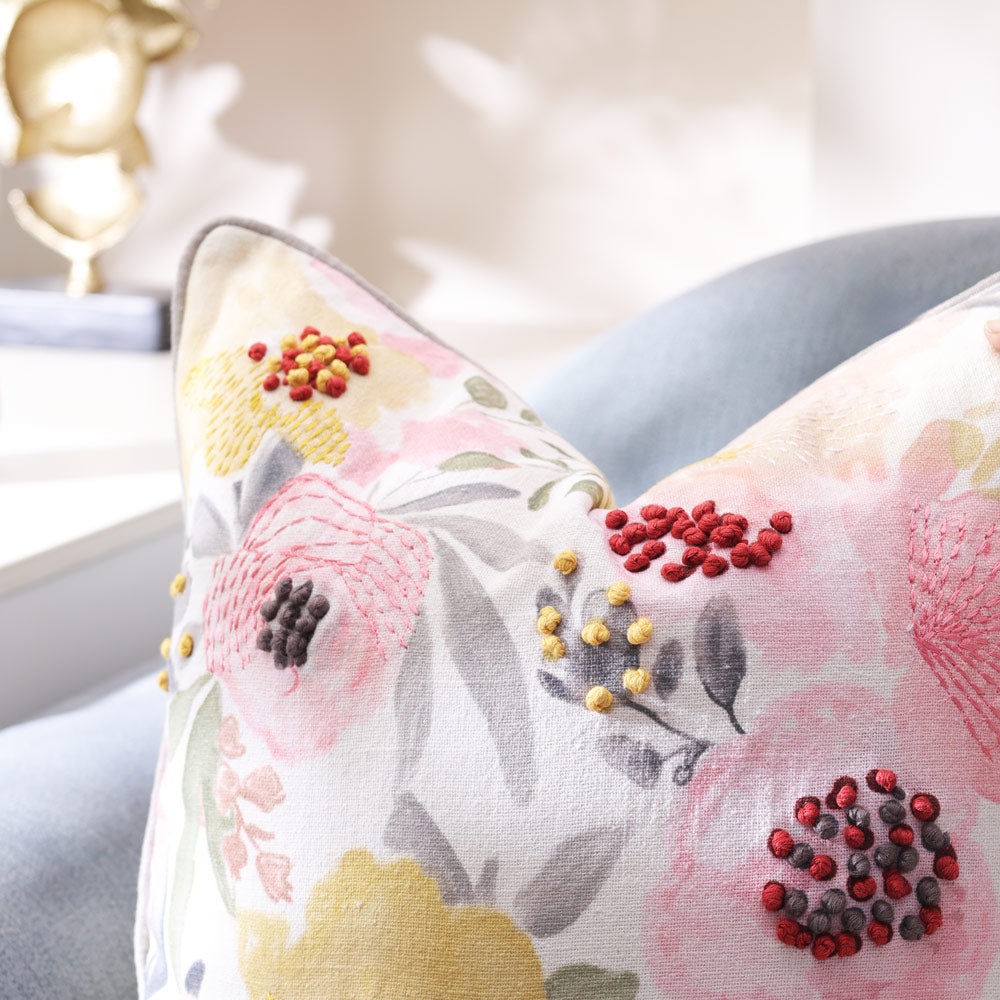 Peonies Reversible Embroidered Cushion Cover 45x45cm - Multicolor