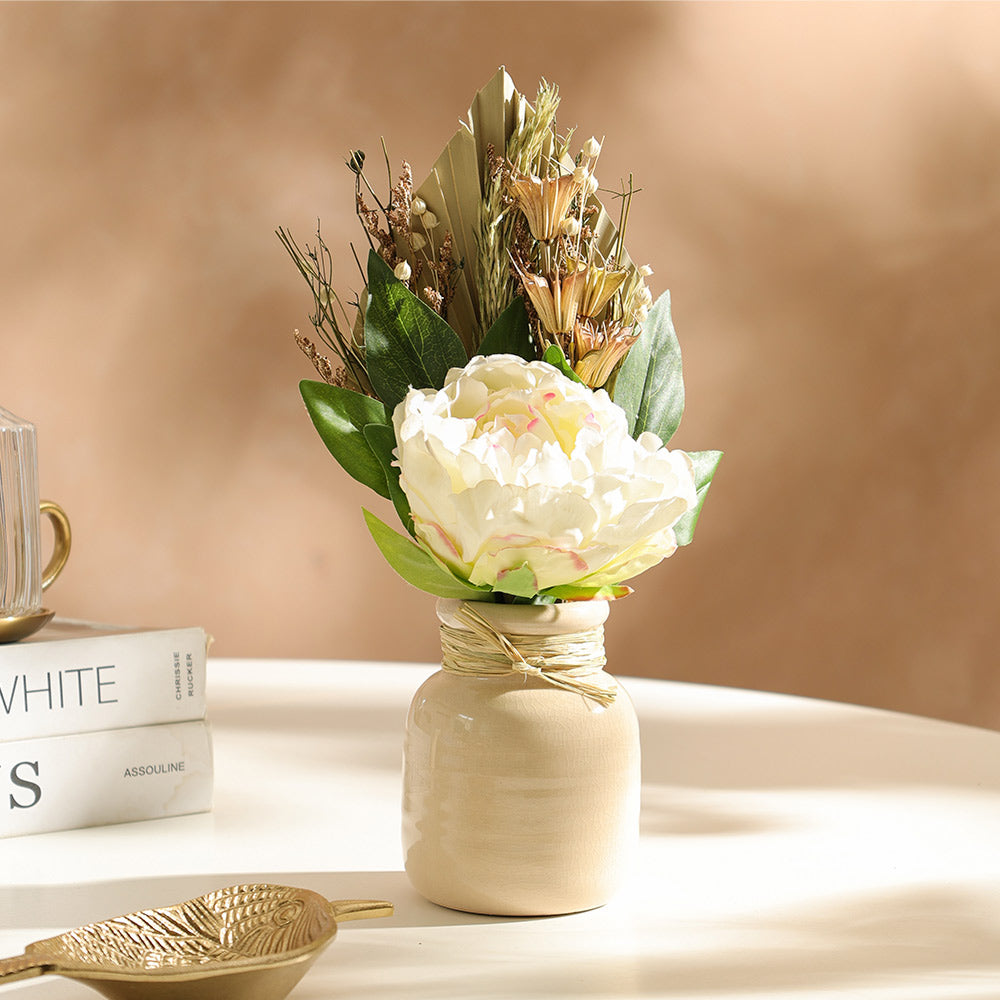 Peony Bouquet in Ceramic Vase - Cream Beige