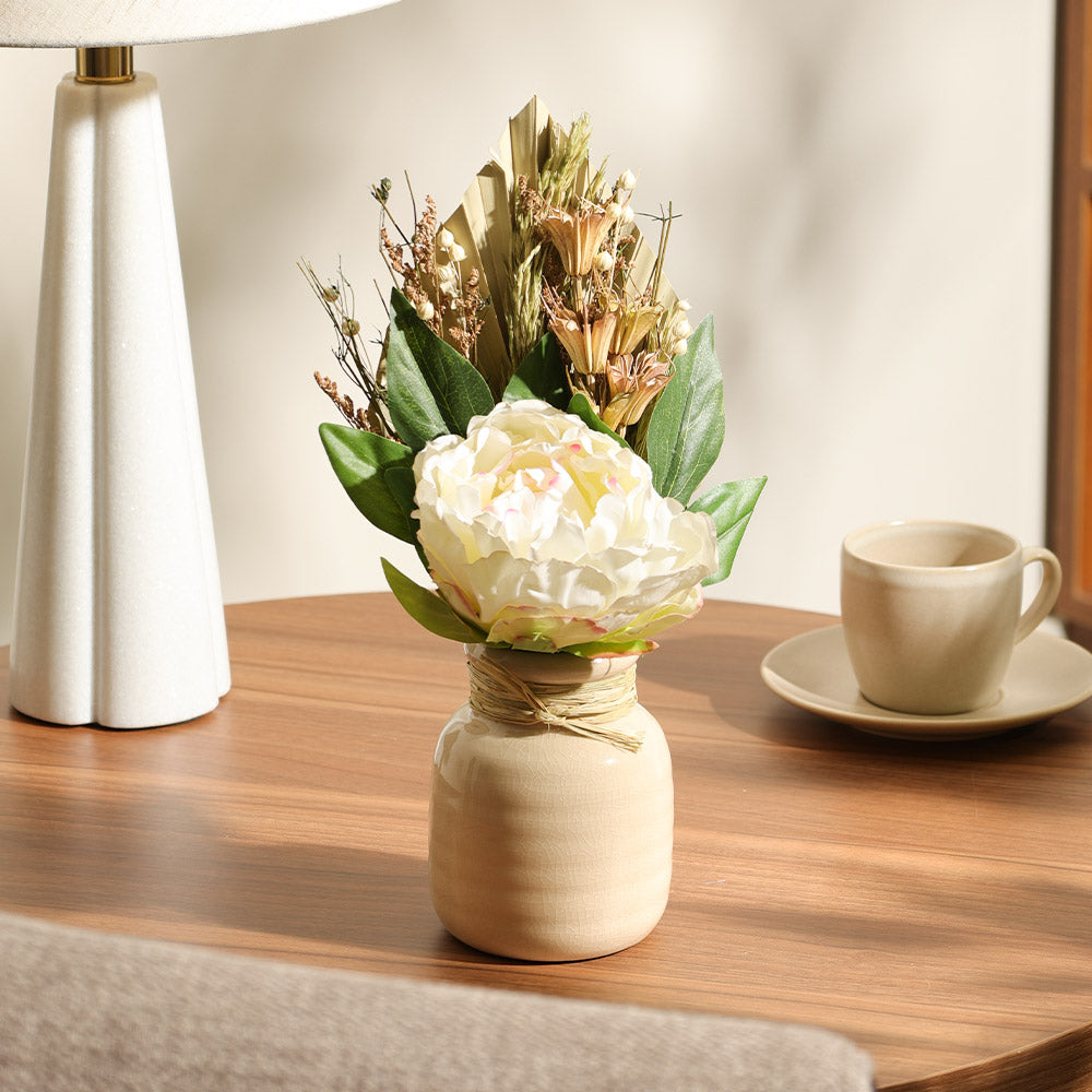Peony Bouquet in Ceramic Vase - Cream Beige
