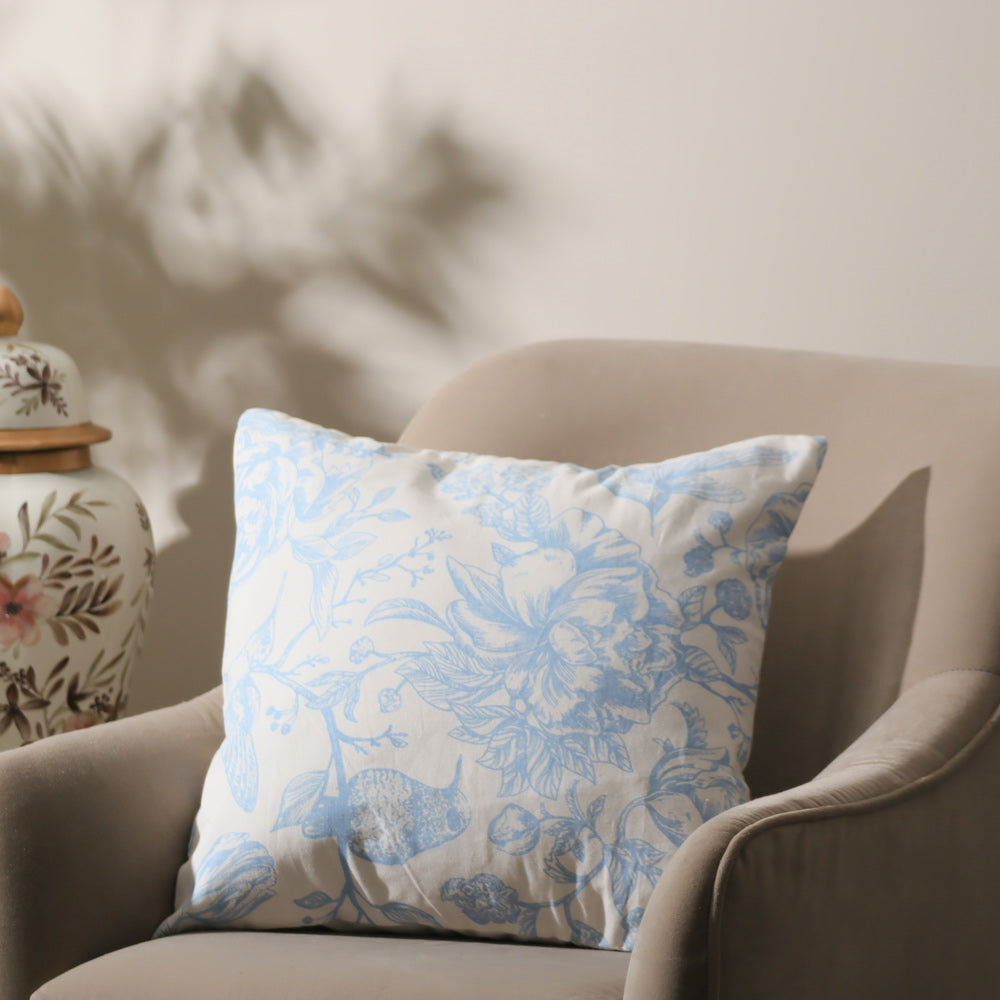 Peony Printed Cotton Cushion Cover - Blue White