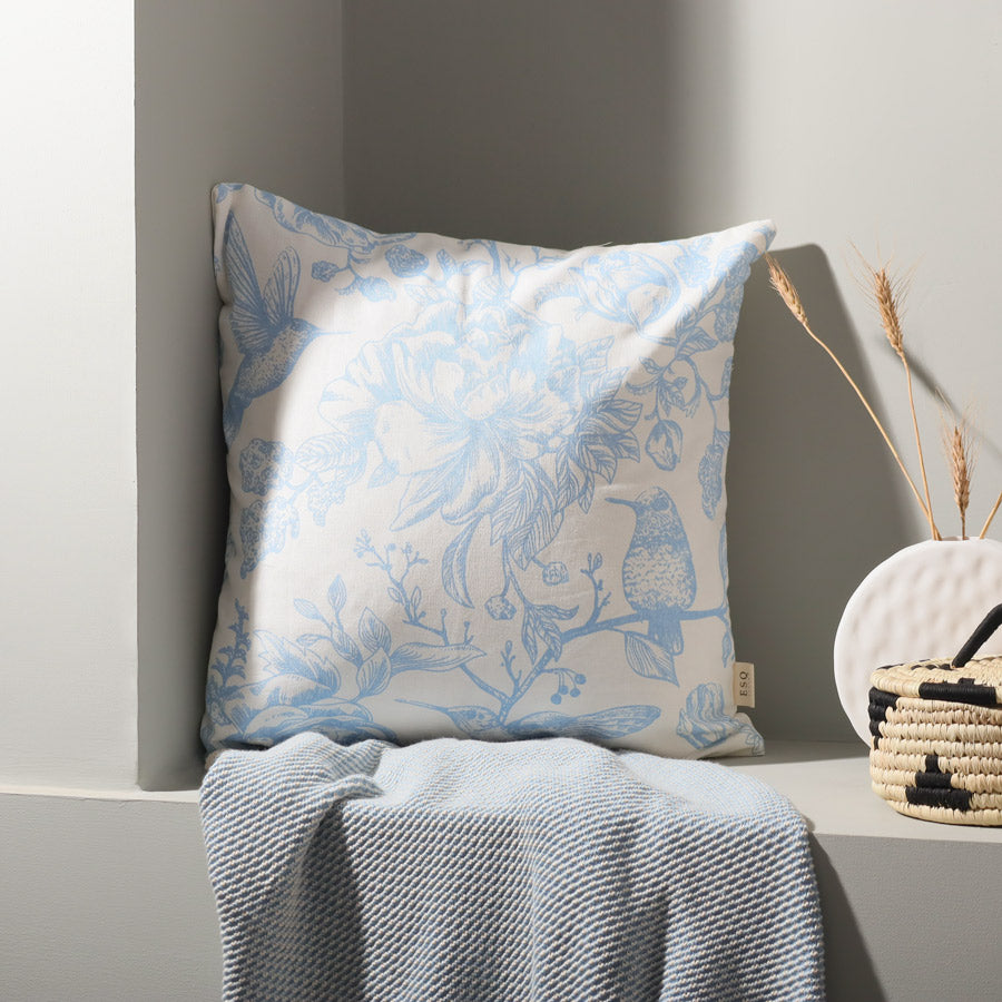 Peony Printed Cotton Cushion Cover 45x45cm - Blue White