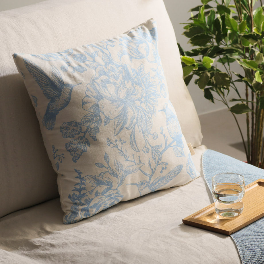 Peony Printed Cotton Cushion Cover - Blue White