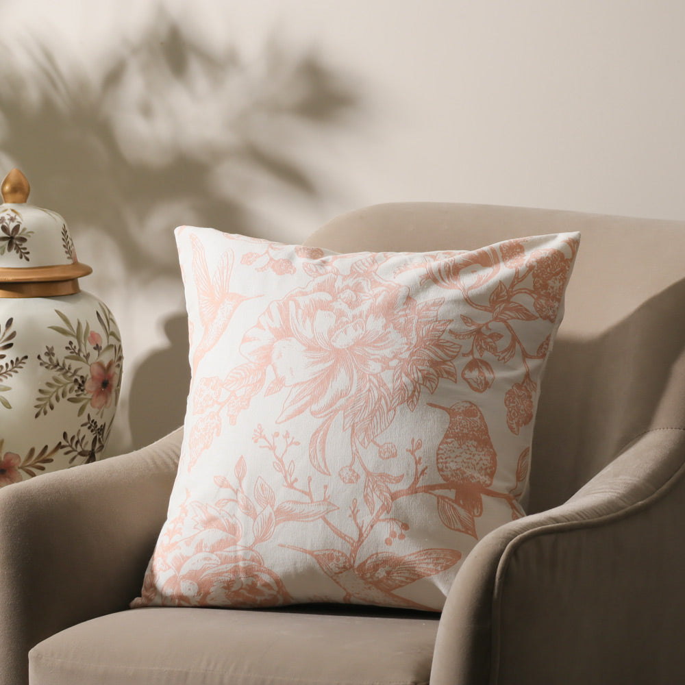 Peony Printed Cotton Cushion Cover - Peach White