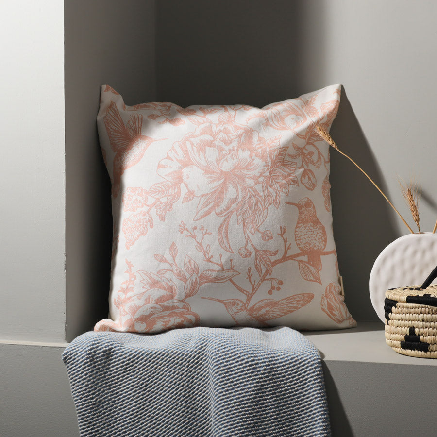 Peony Printed Cotton Cushion Cover - Peach White