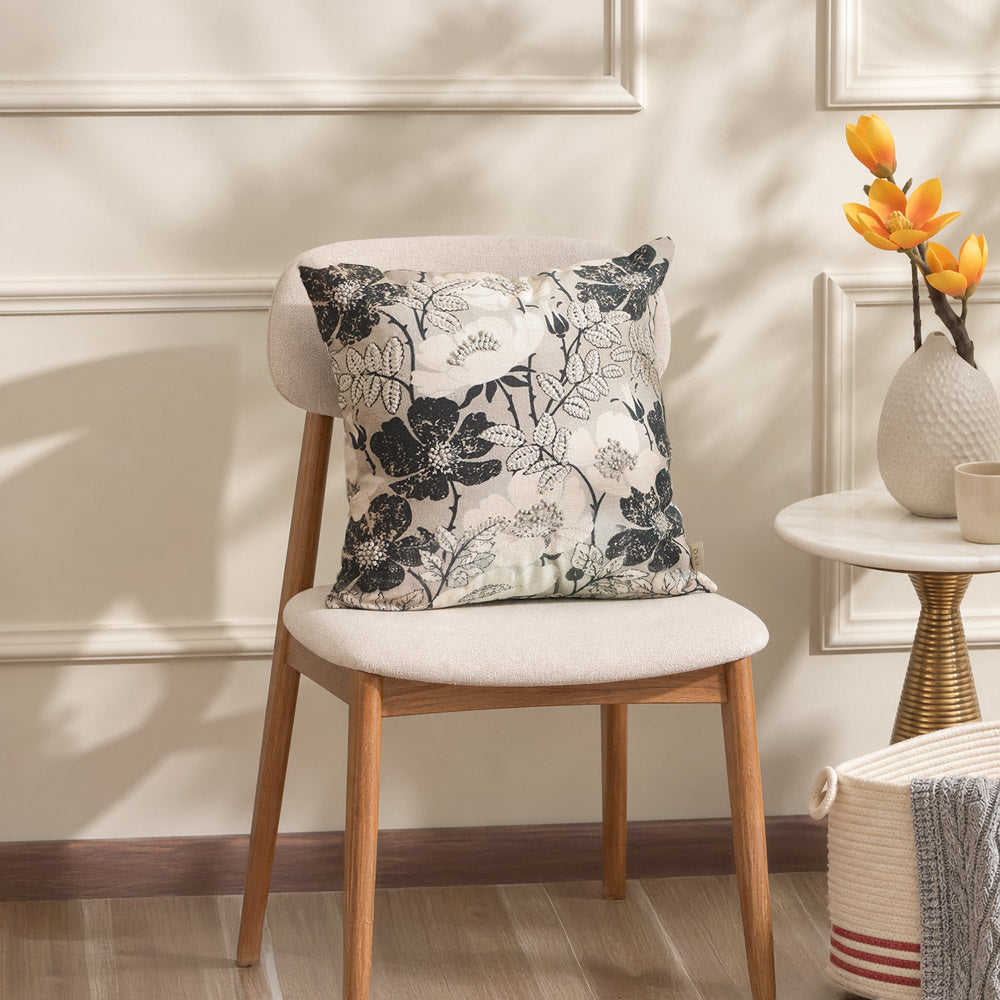 Peony Embroidered Cushion Cover 45x45cm - Monochrome