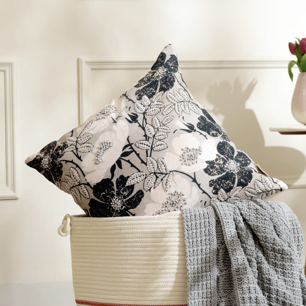 Peony Embroidered Cushion Cover 45x45cm - Monochrome