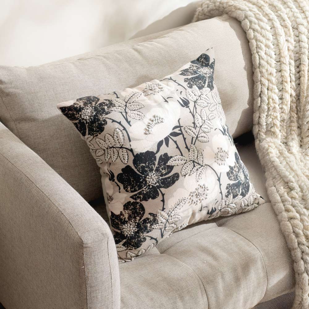 Peony Embroidered Cushion Cover 45x45cm - Monochrome