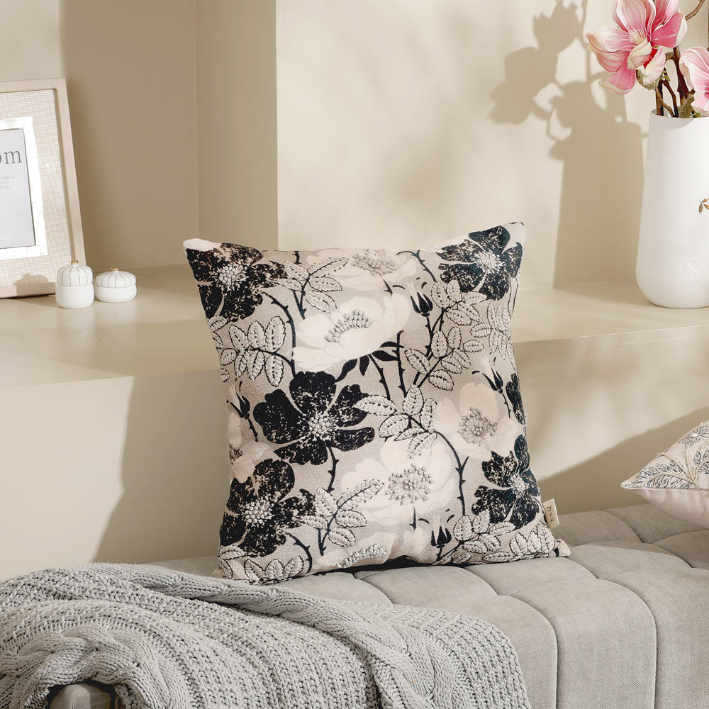 Peony Embroidered Cushion Cover 45x45cm - Monochrome