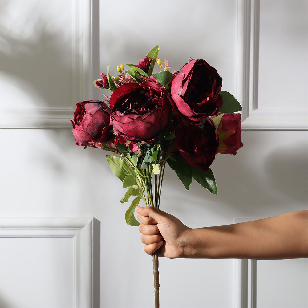 Peony with Wildflowers Faux Bunch - Crimson