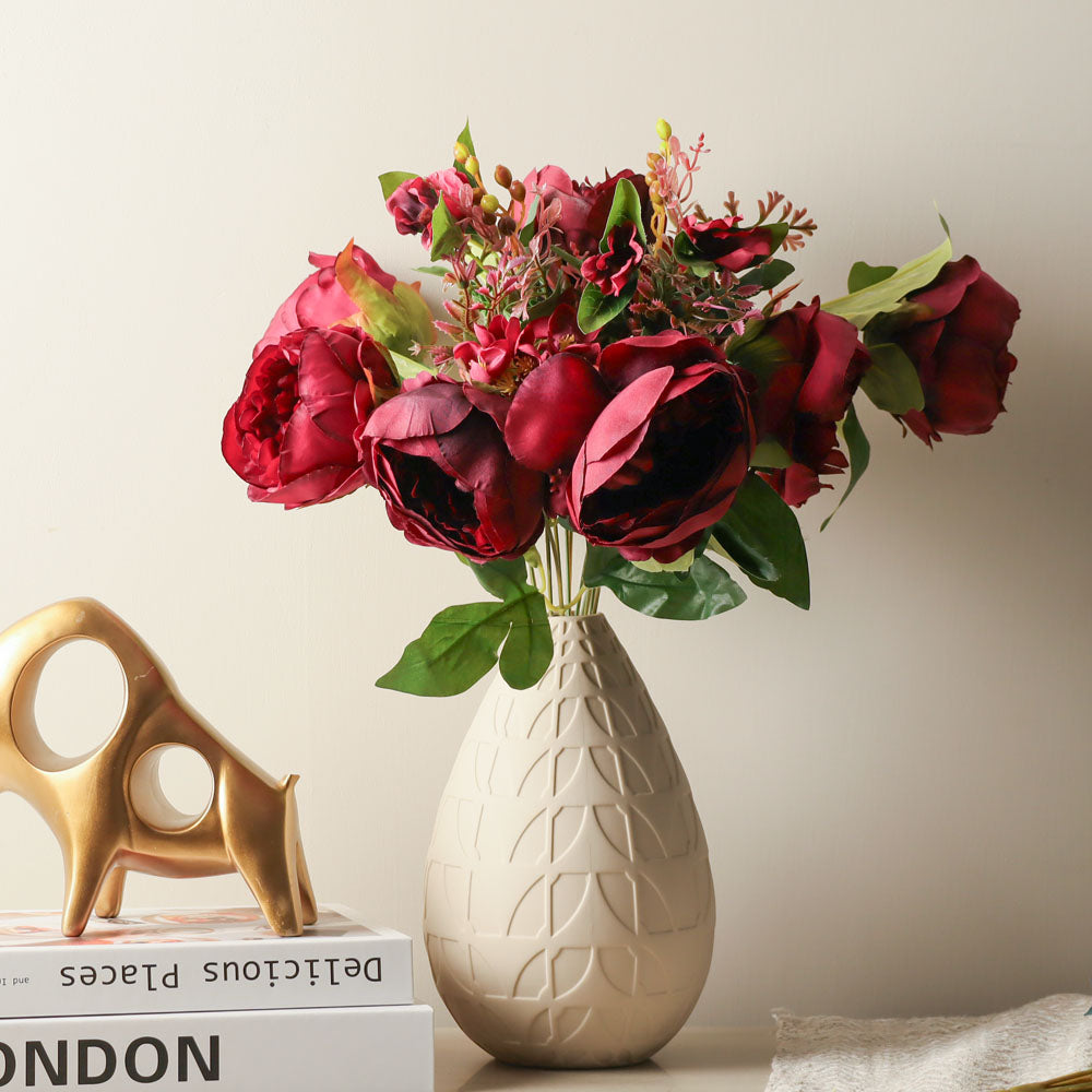 Peony with Wildflowers Faux Bunch - Crimson