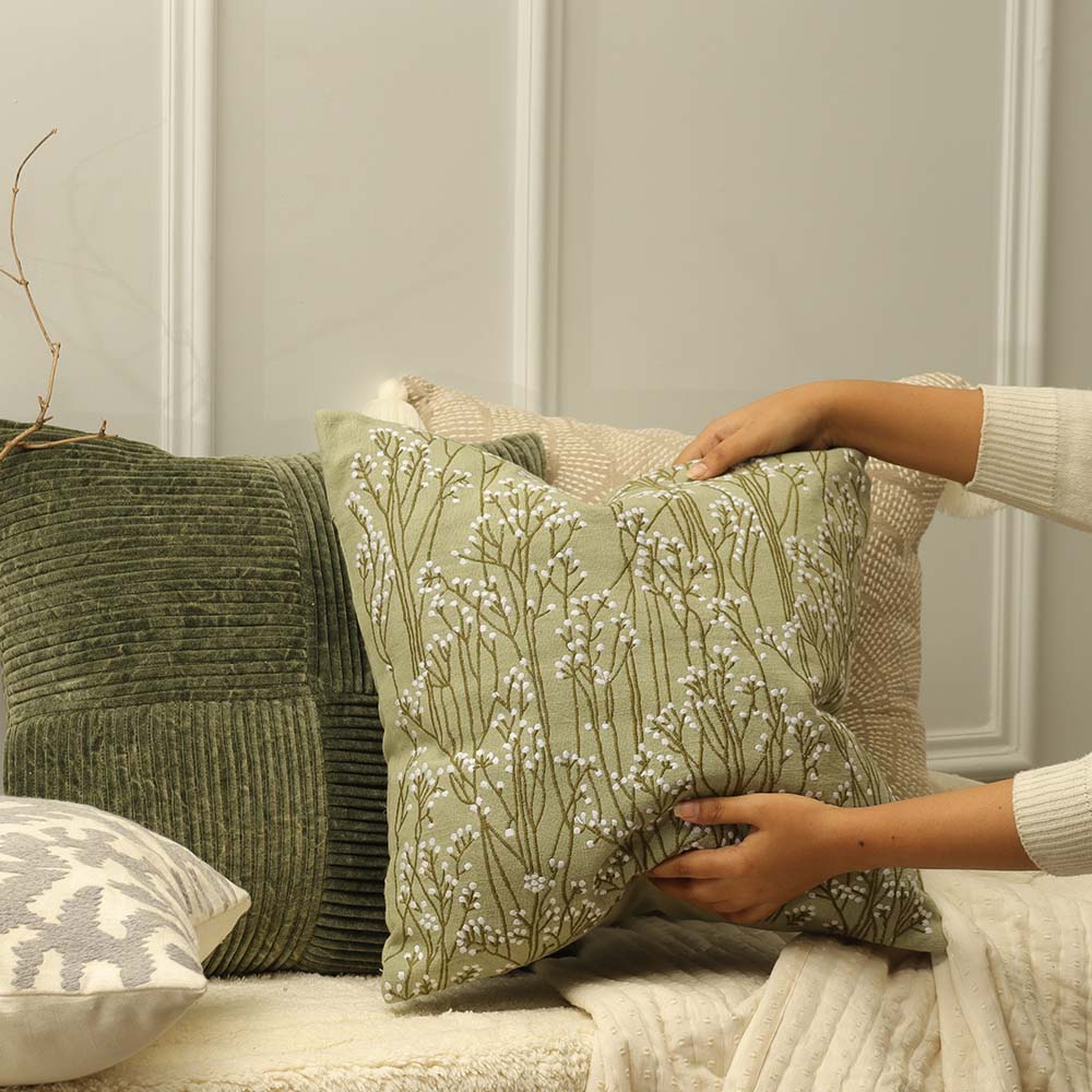 Perfekta Beaded Embroidered Cotton Cushion Cover 45x45cm - Green White