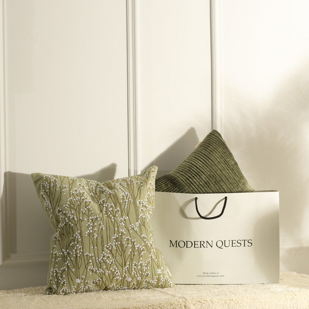 Perfekta Beaded Embroidered Cotton Cushion Cover 45x45cm - Green White