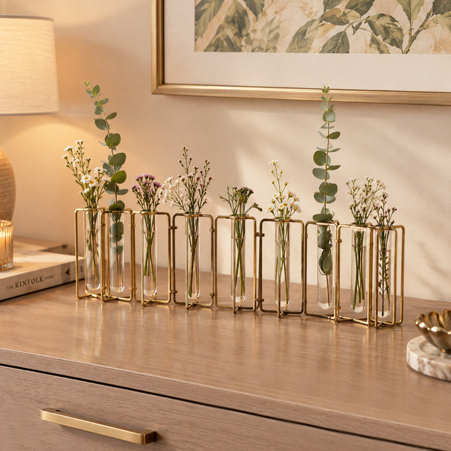 Pippa Connected 9-piece Test Tube Vases - Dull Gold