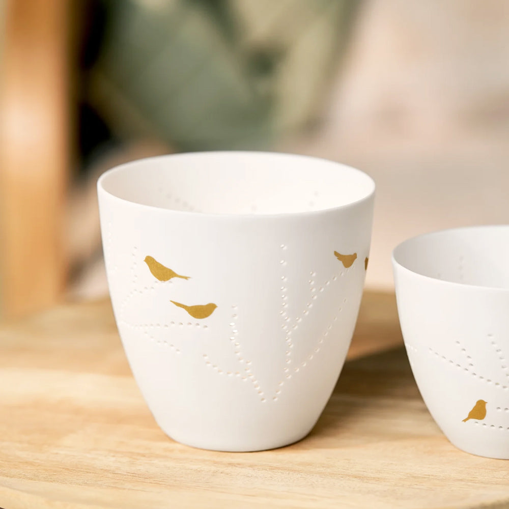 Porcelain Tealight Holder - Gold Birds