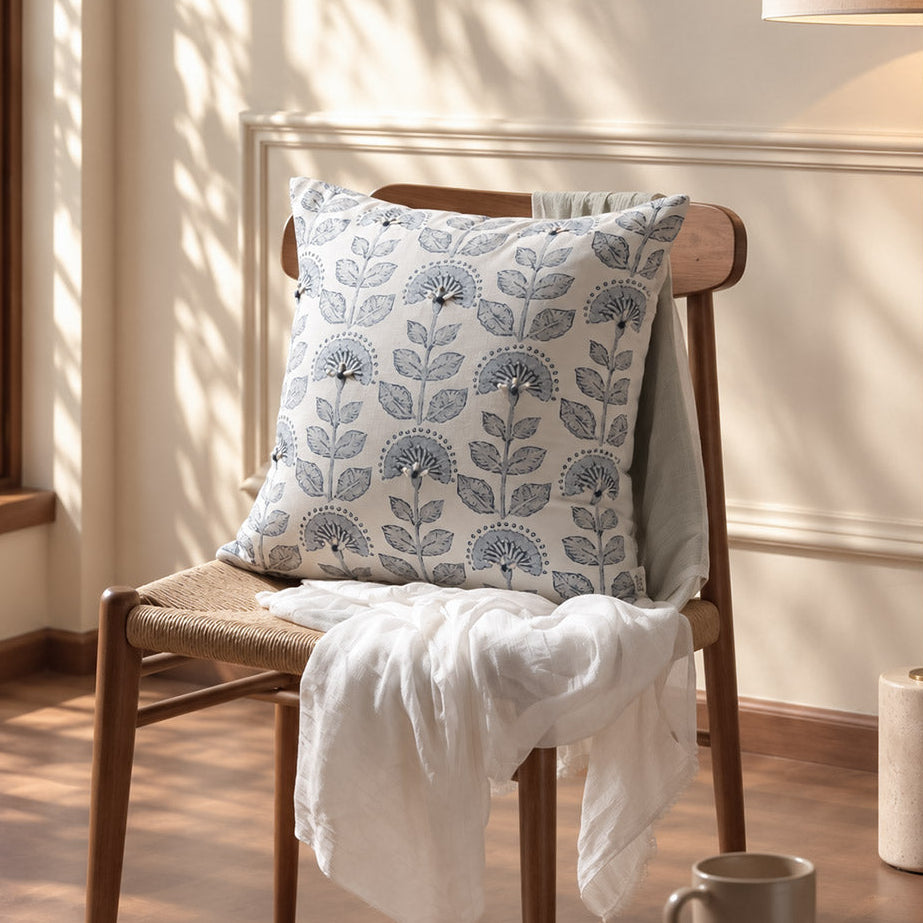 Pomegranate Embroidered Cushion Cover 45x45cm - White Blue