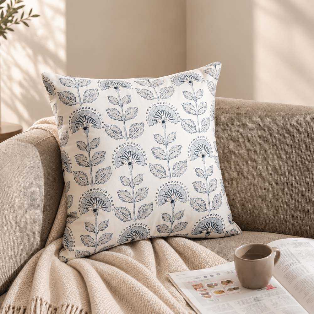 Pomegranate Embroidered Cushion Cover 45x45cm - White Blue