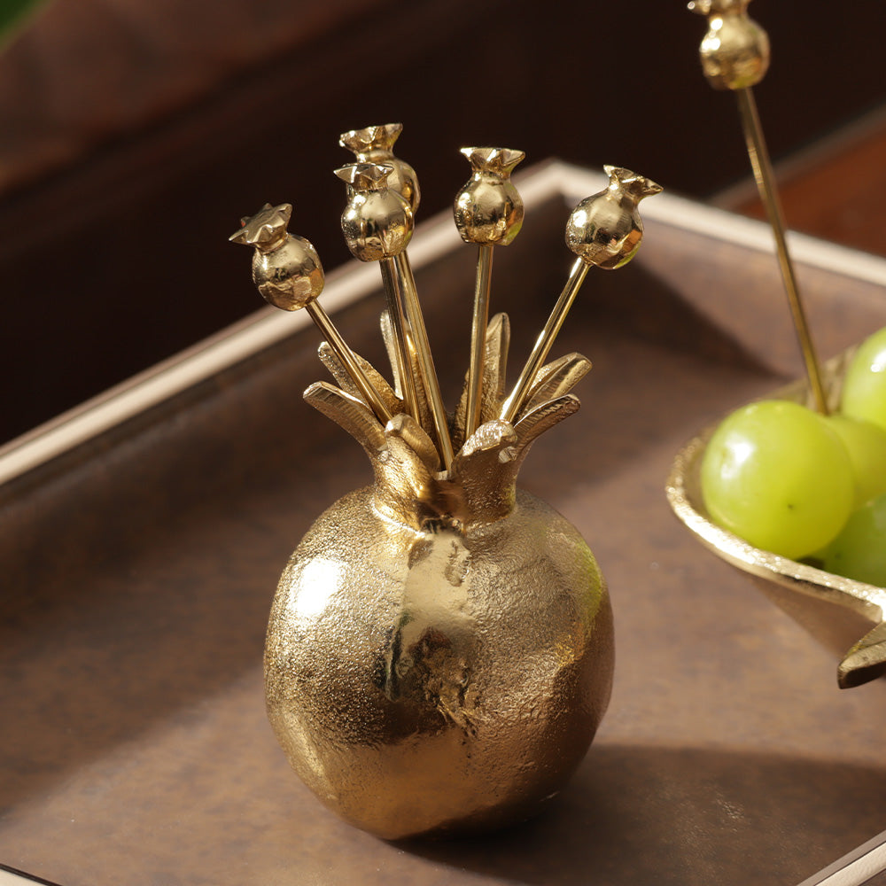 Pomegranate Metal Appetizer Picks, Set of 6 - Gold
