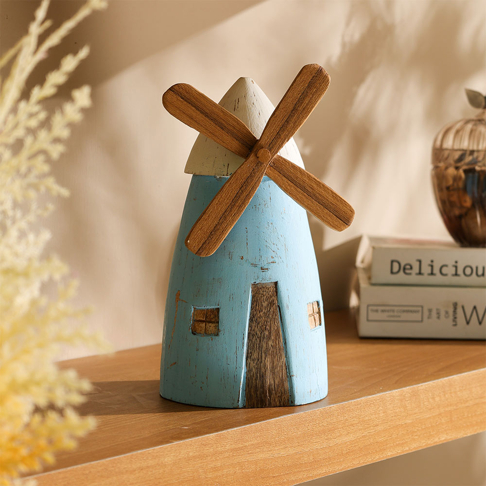 Poppy Windmill Wooden Sculpture Medium - Rustic Blue