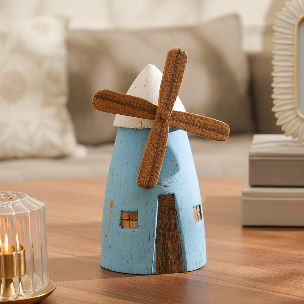 Poppy Windmill Wooden Sculpture Medium - Rustic Blue