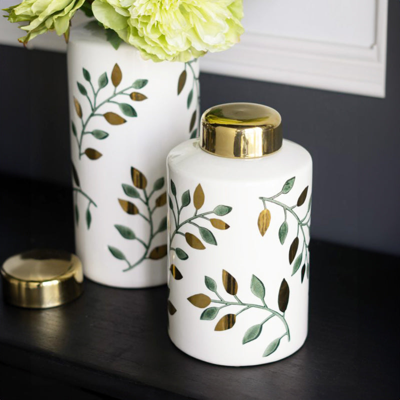 Porcelain Lidded Jar - Ash Leaves