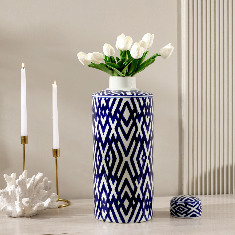 Porcelain Lidded Jar Tall - Blue Chevron