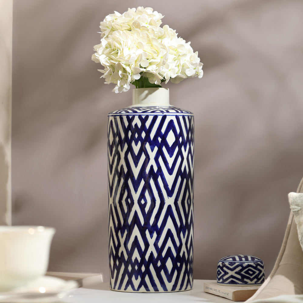 Porcelain Lidded Jar Tall - Blue Chevron