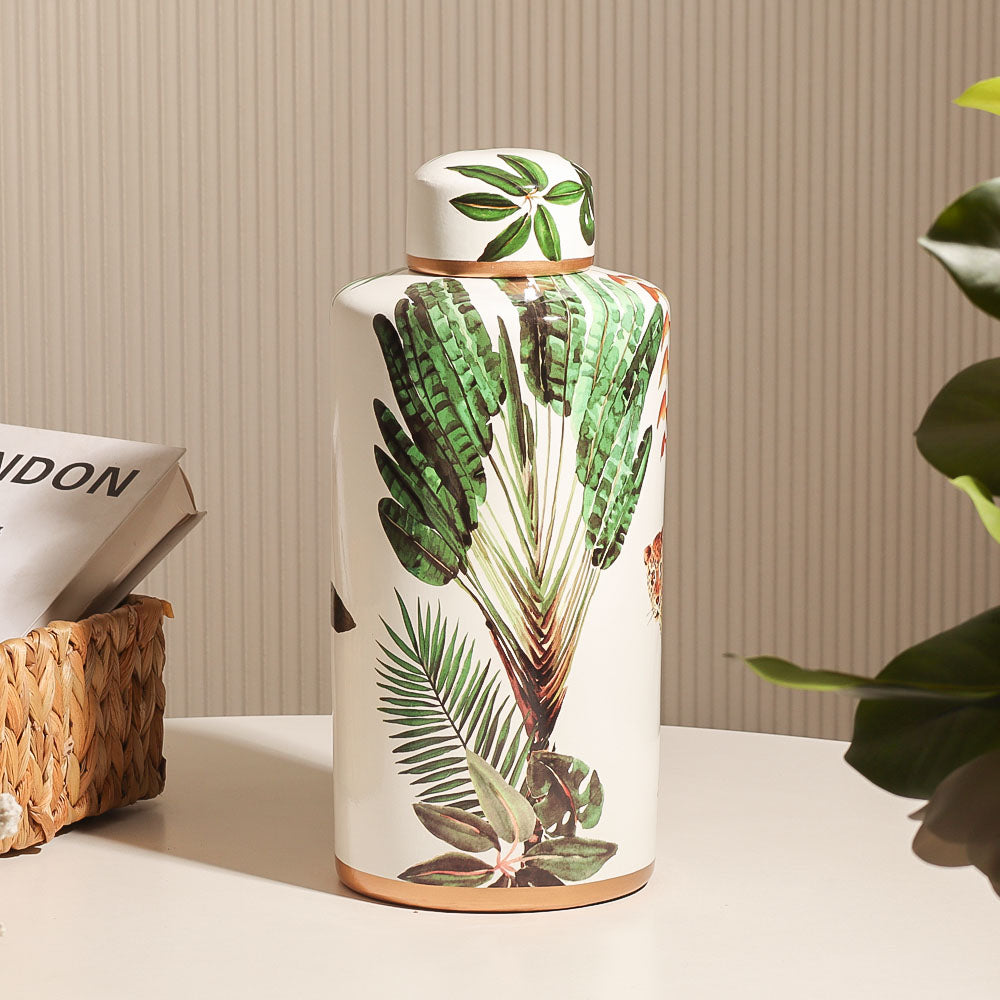 Porcelain Lidded Jar Tall - Jaguar Jungle