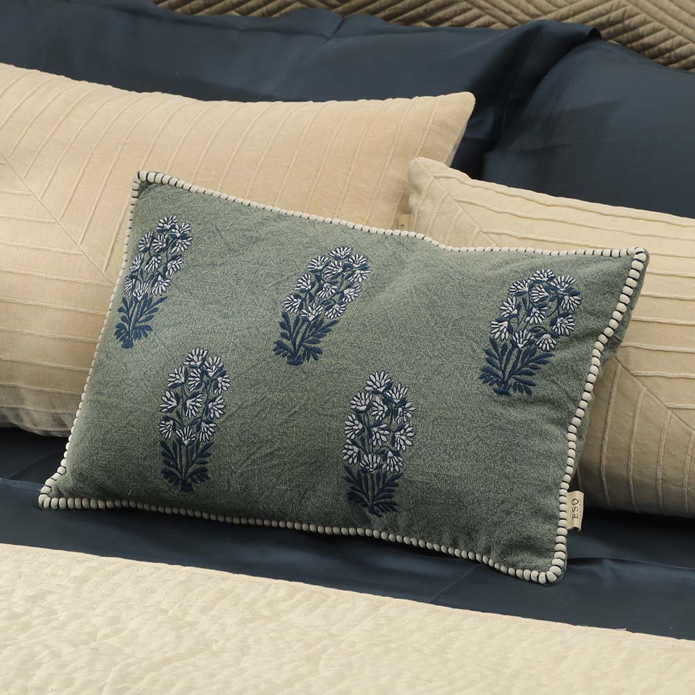 Posey Embroidered Cotton Rectangular Cushion Cover 50x30cm - Denim Blue