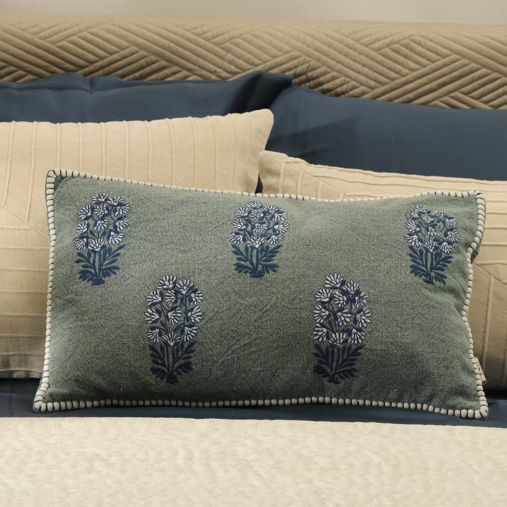 Posey Embroidered Cotton Rectangular Cushion Cover 50x30cm - Denim Blue